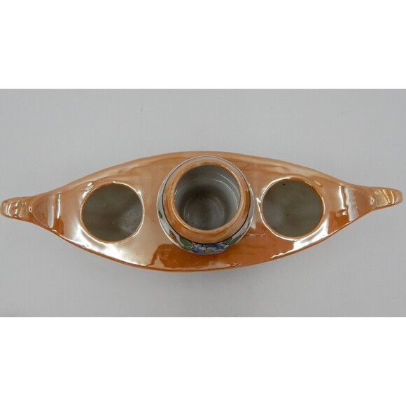 Lustreware Condiment Set Salt Pepper Mustard Jar Boat Peach White Floral Canoe - Picture 9 of 12